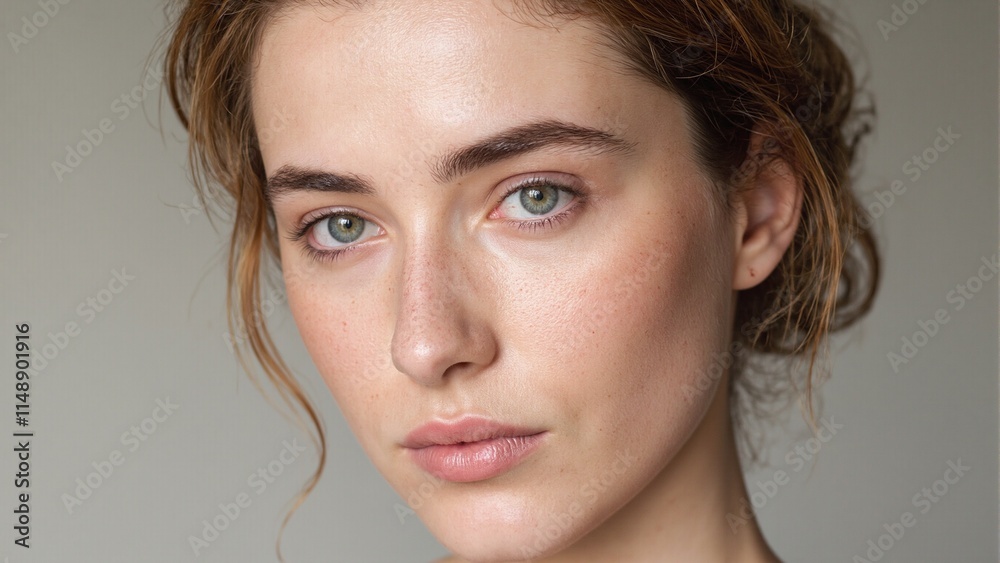 Portrait of a European woman with freckled pale skin auburn hair styled in an updo wearing subtle bronze eyeliner and nude lipstick Portrait of a European woman with freckled pale skin auburn hair styled in an updo wearing subtle bronze eyeliner and nude lipstick