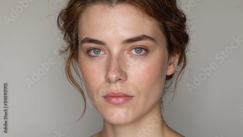 Portrait of a European woman with freckled pale skin auburn hair styled in an updo wearing subtle bronze eyeliner and nude lipstick