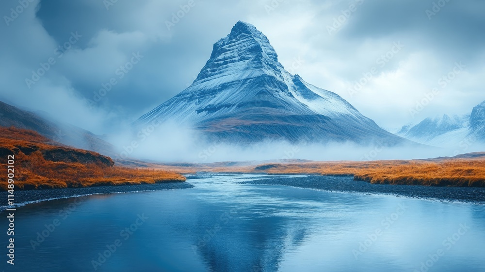 Fototapeta premium Majestic mountain landscape with a serene river flowing through a misty valley under a cloudy sky