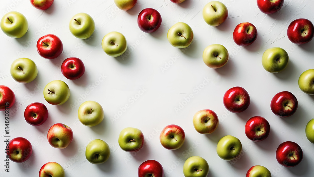 Colorful arrangement of green and red apples on a light surface showcasing texture and natural light