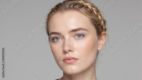 Elegant Scandinavian woman with ivory skin pearl highlighter gray eyeliner peach lipstick tight blonde braid and curled lashes photo