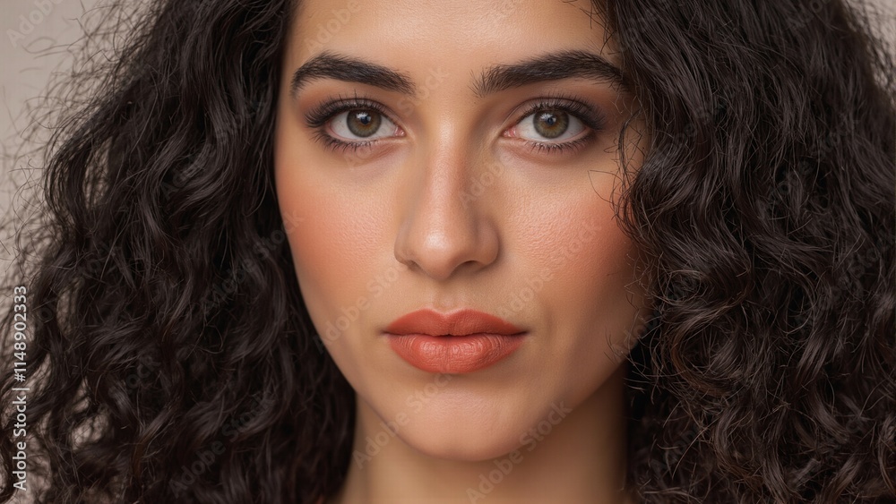 Close up of a Middle Eastern woman with olive skin kohl lined eyes orange lipstick wavy hair and long lashes