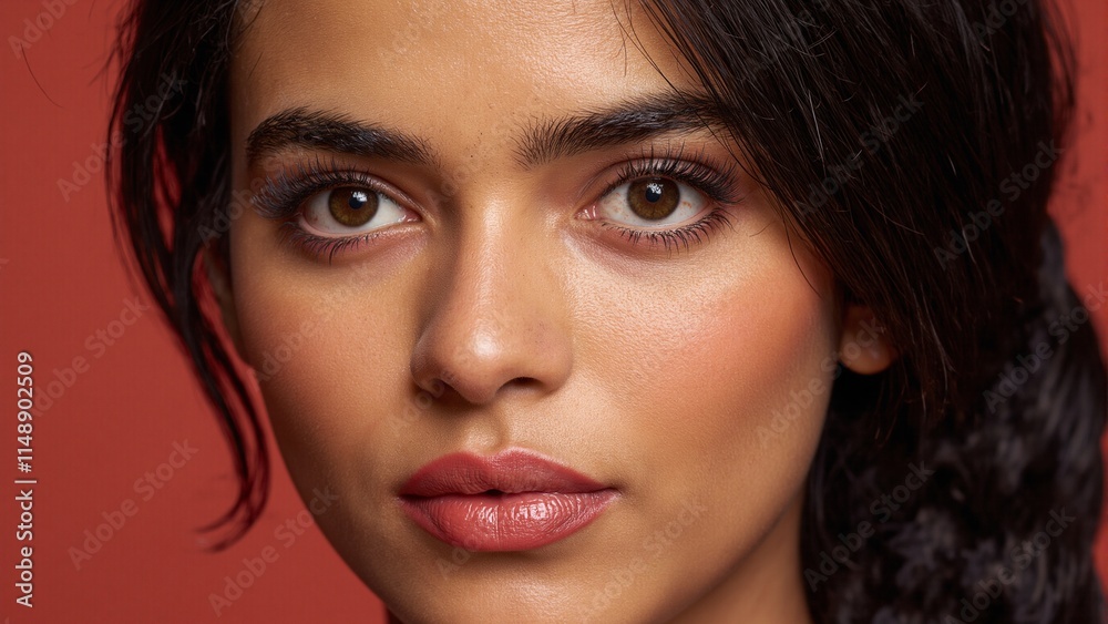 South Asian woman with glowing skin pink eyeshadow crimson lipstick and a cascading braid South Asian woman with glowing skin pink eyeshadow crimson lipstick and a cascading braid