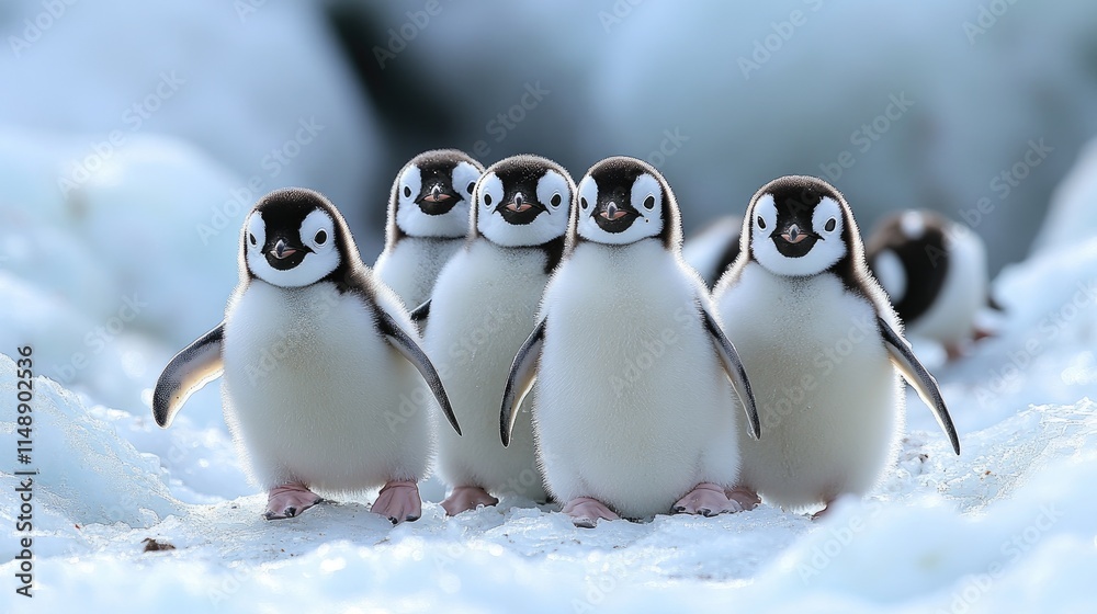 Obraz premium A charming group of playful baby penguins waddling together on an icy landscape, showcasing their adorable features and lively nature.