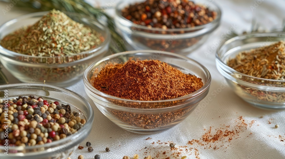 Assorted Ground Spices in Small Glass Bowls on White Surface Assorted Ground Spices in Small Glass Bowls on White Surface