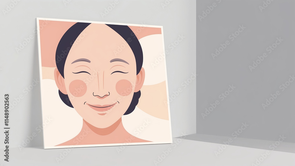 Delicate illustration of a smiling woman in a serene and minimalistic setting featuring soft colors