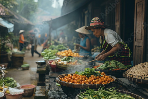 Vendors display colorful fruits and vegetables in baskets while shoppers browse among lively outdoor stalls. The atmosphere is filled with local culture and activity during a lively market day photo