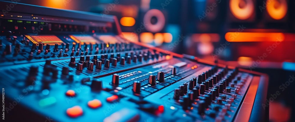 A close-up of a professional audio mixing console in a studio setting. A close-up of a professional audio mixing console in a studio setting.