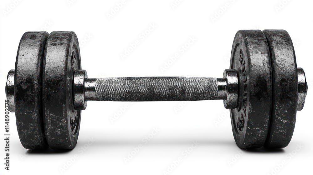 Fototapeta premium A well-used, dark grey dumbbell isolated on white background.