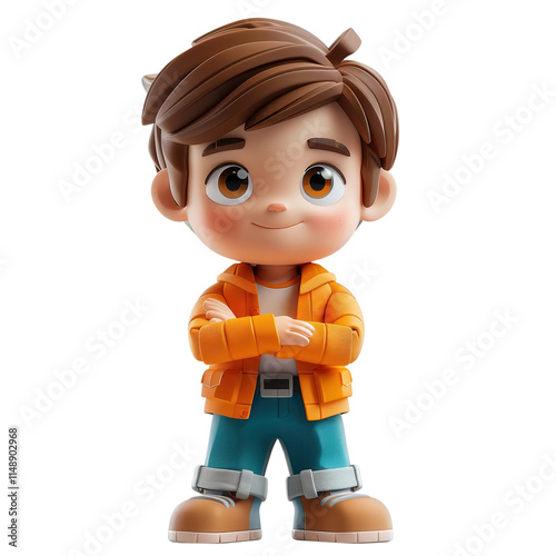 A cartoon boy in an orange jacket is standing with his arms crossed