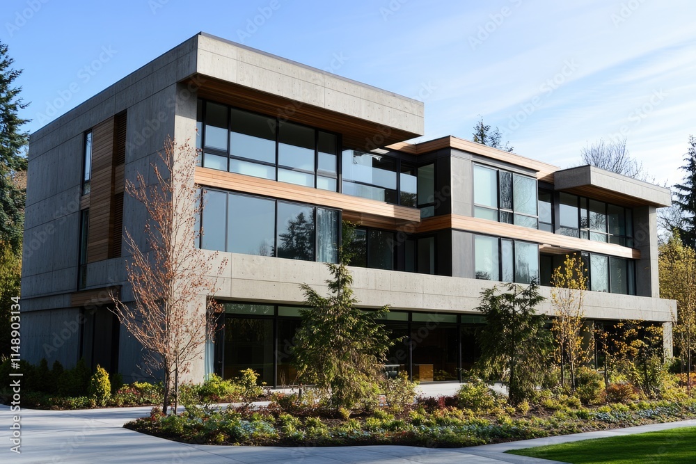 Modern concrete house with large windows, wooden accents, and landscaped grounds. Modern concrete house with large windows, wooden accents, and landscaped grounds.