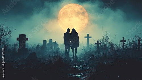 Wallpaper Mural A couple walks hand in hand through a misty graveyard under a glowing full moon, creating a hauntingly romantic atmosphere Torontodigital.ca