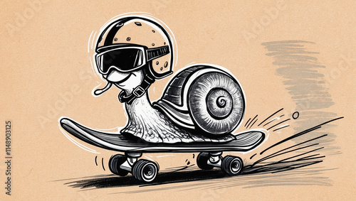 Expressive snail riding a skateboard with a helmet and goggles in a fun cartoon style