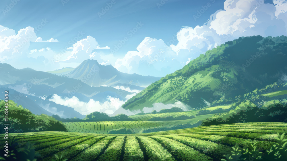 Obraz premium A serene tea landscape with endless green rows, framed by majestic mountains and fluffy white clouds,