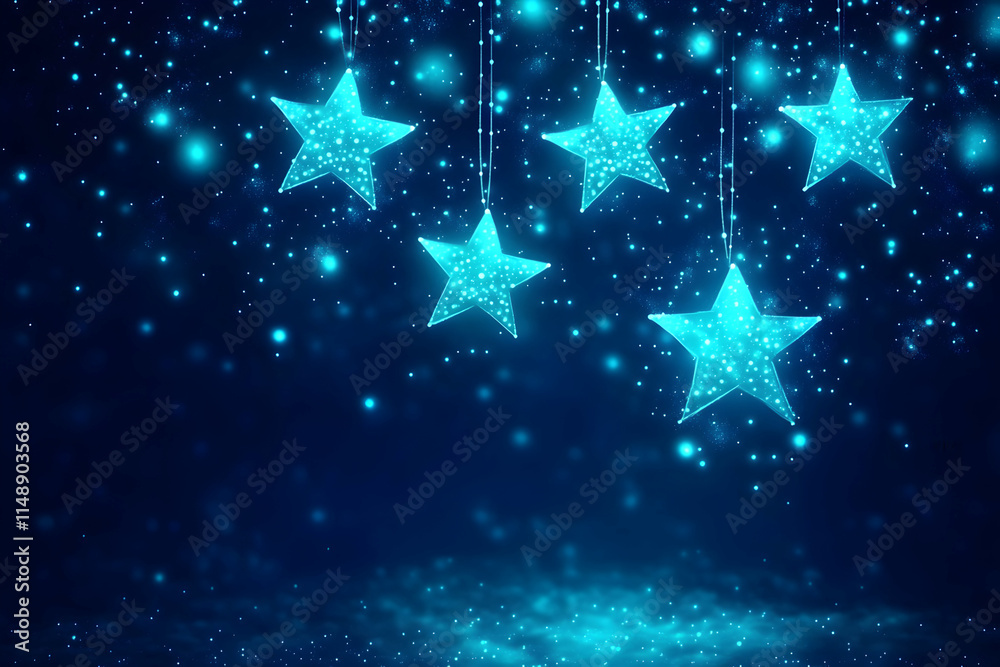 Sparkling Blue Stars Hanging, Festive Background, Holiday Design, Winter Magic. Generative AI Sparkling Blue Stars Hanging, Festive Background, Holiday Design, Winter Magic. Generative AI