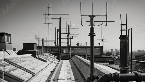 Minimalist rooftop view showcasing vintage antennas against a clear sky in an urban setting