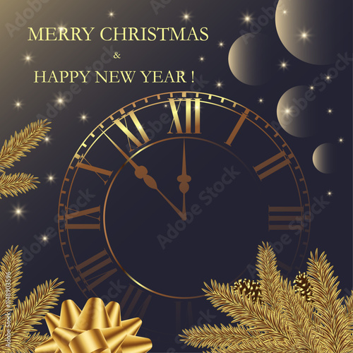 Happy New Year and Christmas background with golden clock, branches of the Christmas tree decorations and the falling snow. Xmas banner. Vector illustration