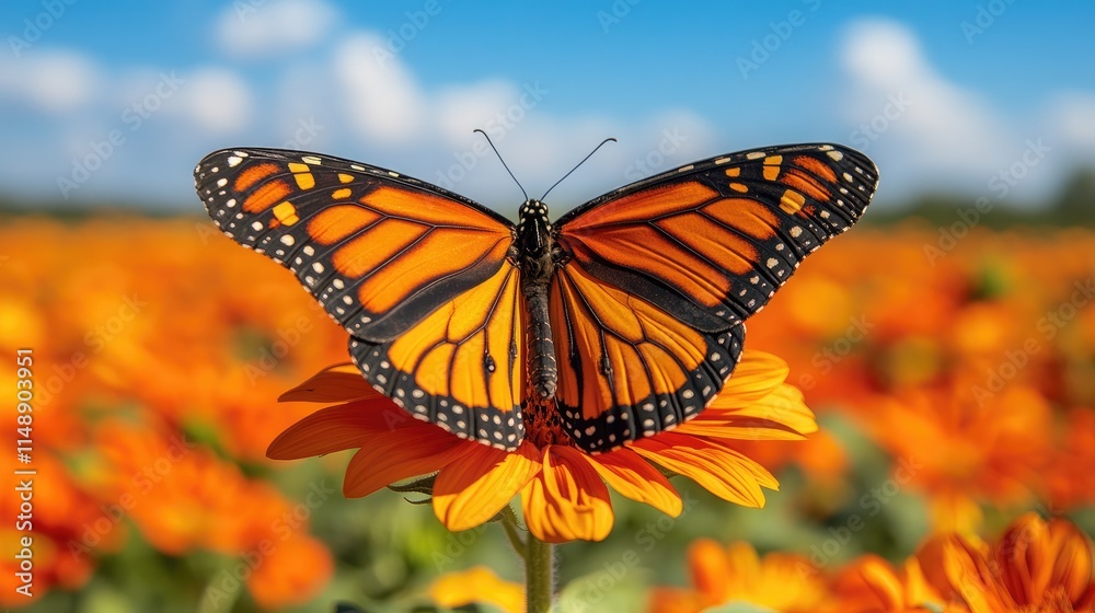 Naklejka premium A vibrant monarch butterfly resting on a bright orange flower amid a blooming field of colorful blossoms under a blue sky