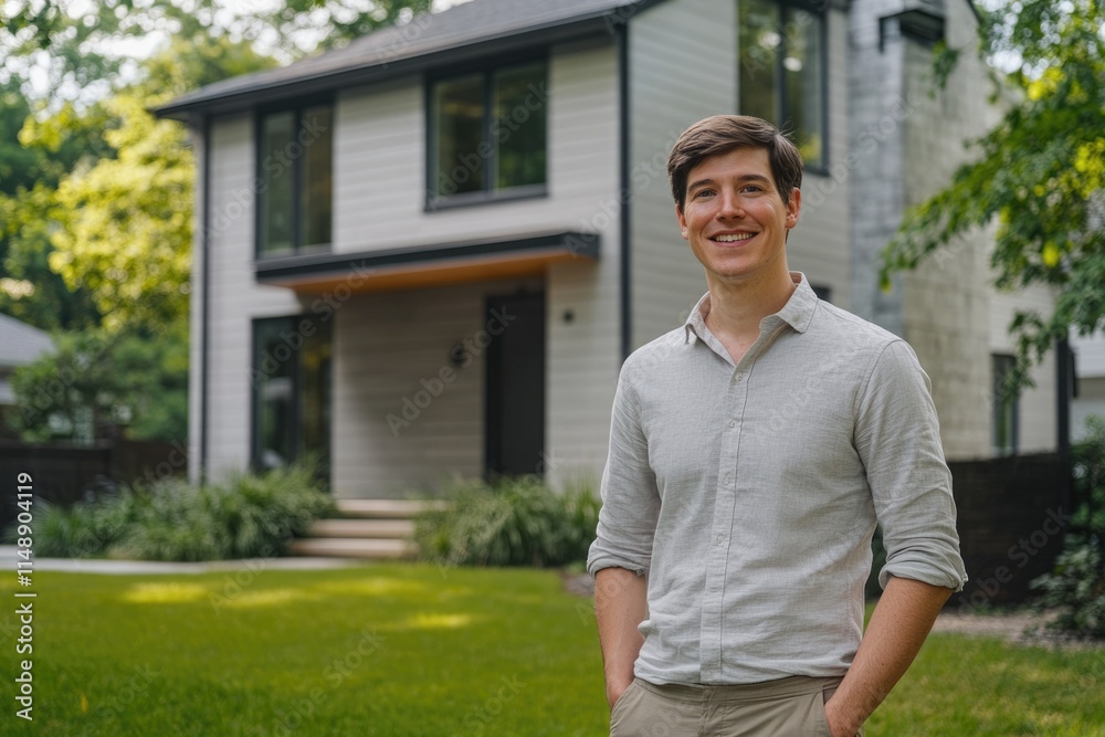 A happy man stands in his new home's front yard, smiling contentedly. A happy man stands in his new home's front yard, smiling contentedly.