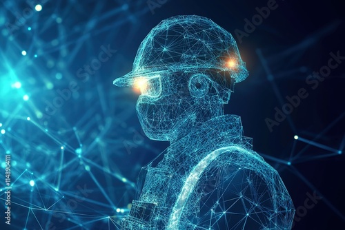 Concept of Health Safety Environment HSE in futuristic glowing low polygonal style on bright blue background