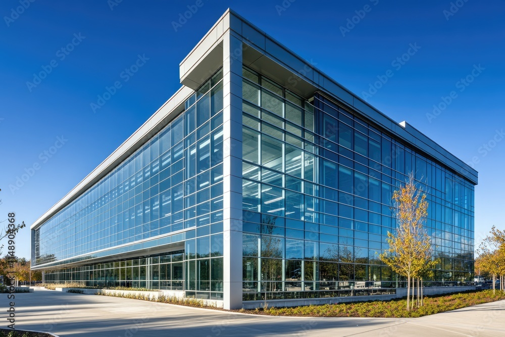 Fototapeta premium Modern glass office building reflecting blue sky, showcasing contemporary architecture and landscaping.