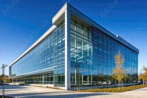Wallpaper Mural Modern glass office building reflecting blue sky, showcasing contemporary architecture and landscaping. Torontodigital.ca