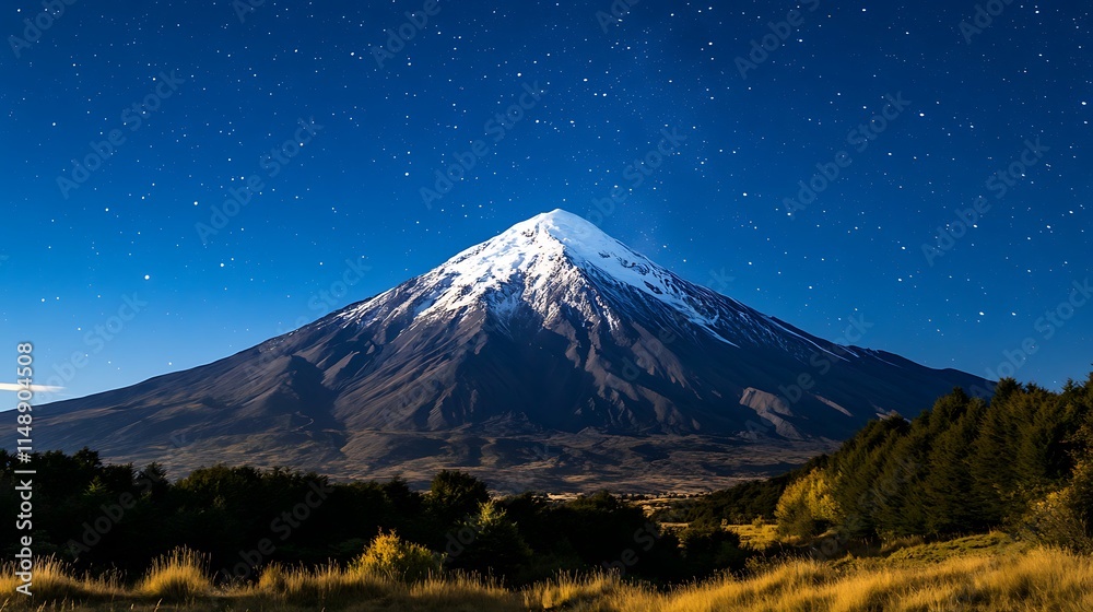 Majestic snow-capped volcano under a starry night sky. Majestic snow-capped volcano under a starry night sky.