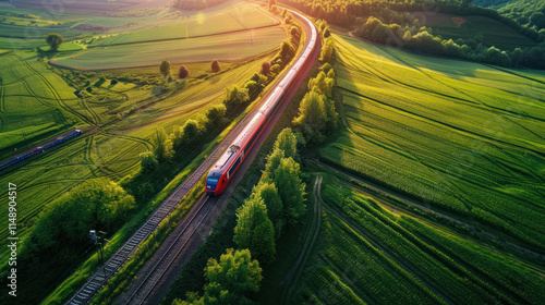 A solar-powered train traveling through vibrant green countryside