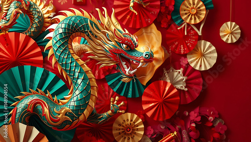 Wallpaper Mural Chinese New Year 2025 greeting card. Bright red asian year of the dragon background with golden dragon figurine, Chinese lanterns, traditional jewelry, gifts, coins, cookies with wishes, copy space Torontodigital.ca