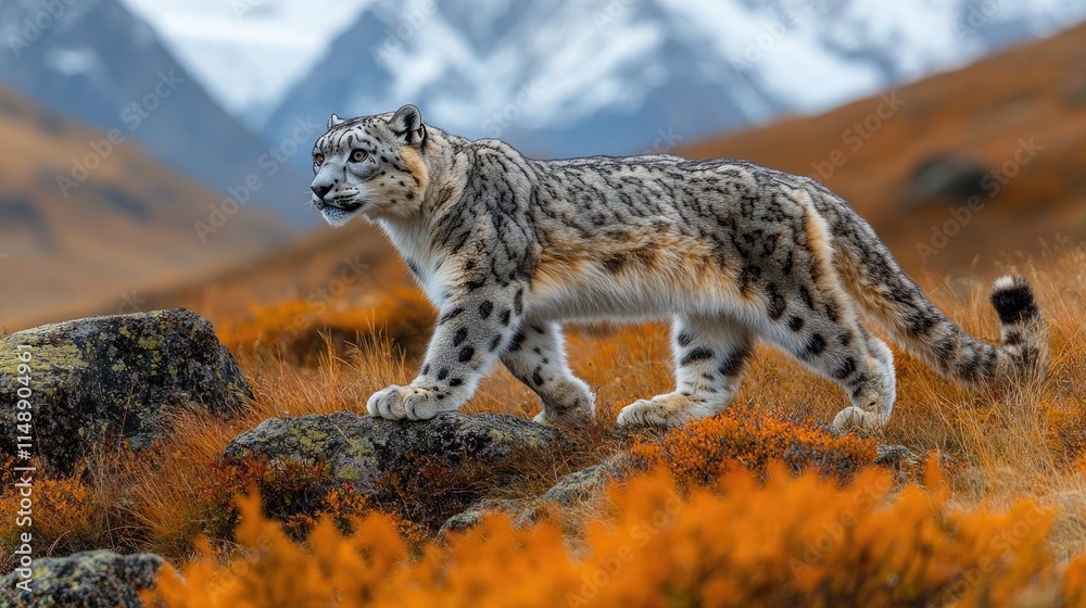 Obraz premium Snow leopard gracefully prowling through vibrant orange grass in mountainous terrain under a clear blue sky