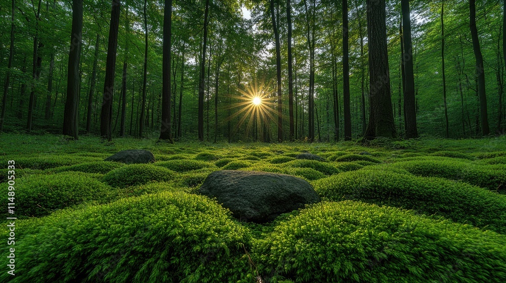 Sunrise breaking through the trees in a lush green forest with moss-covered stones on the forest floor