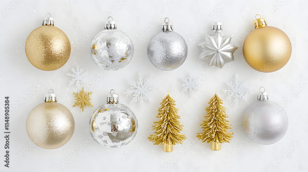 Fototapeta premium Elegant Christmas ornaments in gold and silver. Glitter baubles, mini trees, and snowflakes arranged on a white marble background. Festive and luxurious holiday decor.
