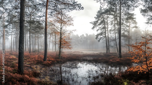 Misty autumn forest scene with a small pond reflecting trees.