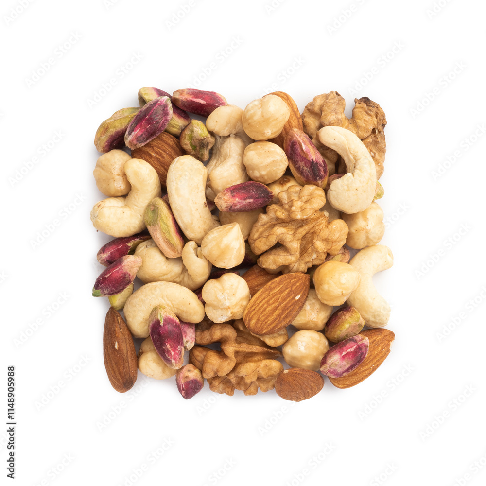 Mix of raw walnut, pistachio, hazelnut, and cashew nuts arranged in a square shape on a white background. Ideal for food, healthy snacks, and organic nutrition concepts.