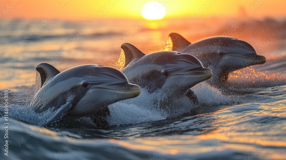 Obraz premium A captivating sunset scene featuring playful dolphins swimming gracefully in the ocean, showcasing their impressive agility and joy