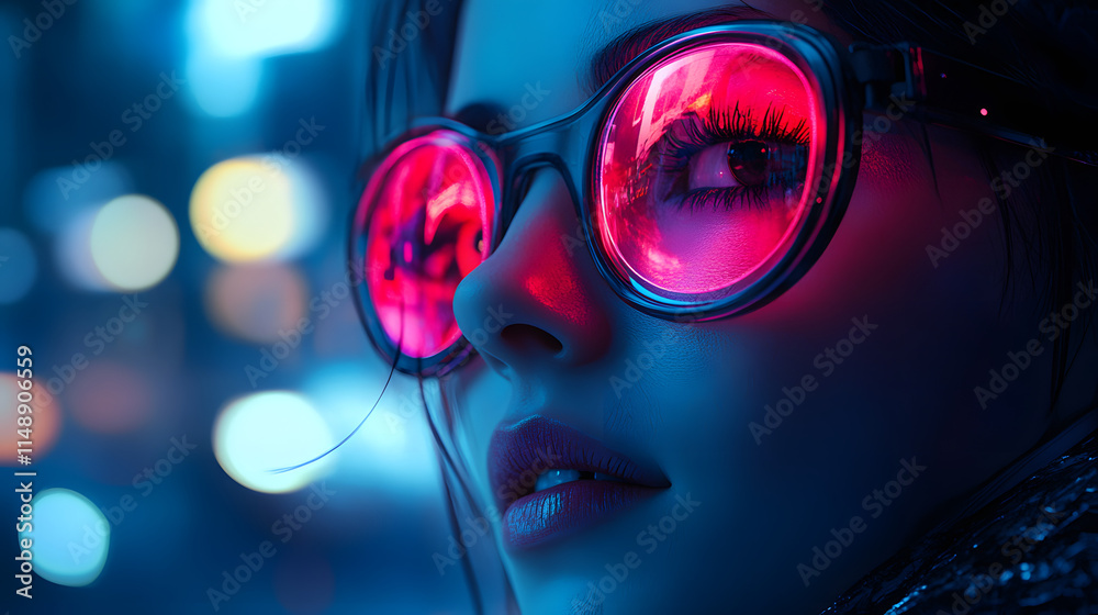 A Captivating Visual Narrative of a Digital Futuristic Woman with Eyewear Amidst a Retro-Futuristic Urban Landscape A Captivating Visual Narrative of a Digital Futuristic Woman with Eyewear Amidst a Retro-Futuristic Urban Landscape