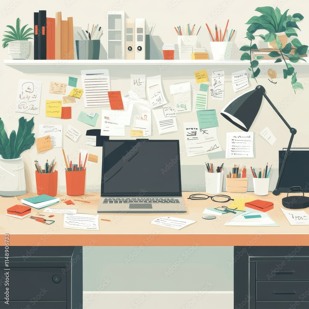 A cluttered desk filled with stationery, plants, and notes, creating a vibrant workspace atmosphere. A cluttered desk filled with stationery, plants, and notes, creating a vibrant workspace atmosphere.