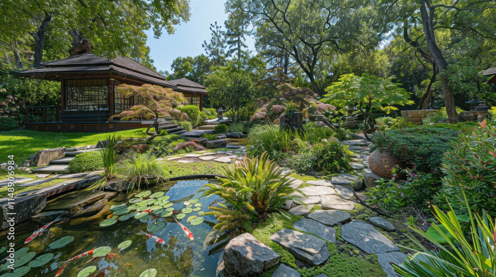 Obraz premium A tranquil Japanese tea garden with a stone pathway, koi pond, and tea house nestled amidst lush greenery,