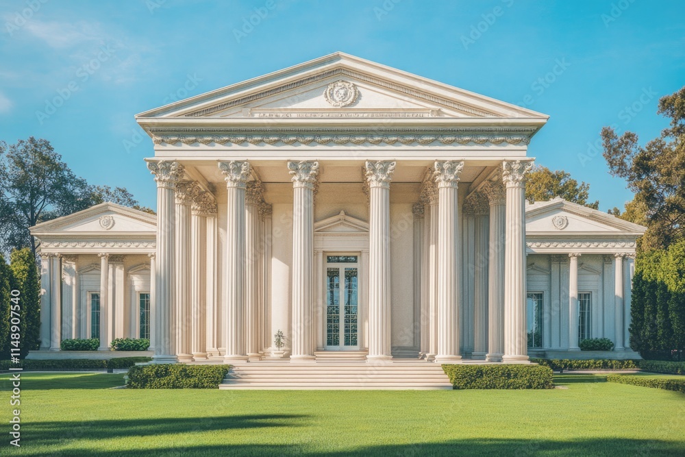 Obraz premium Grand neoclassical mansion with columns, manicured lawn, and a bright blue sky.