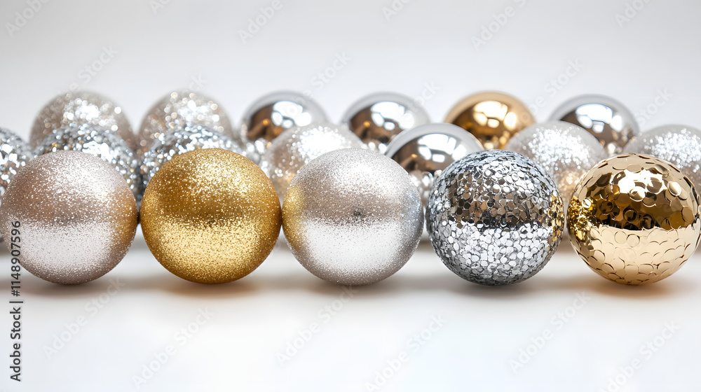 A row of glittering gold and silver Christmas ornaments on a white background. Perfect for holiday celebrations and festive designs. A row of glittering gold and silver Christmas ornaments on a white background. Perfect for holiday celebrations and festive designs.