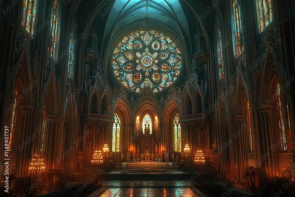Fototapeta premium A majestic gothic cathedral interior, bathed in warm light, features stunning stained-glass windows and ornate architecture.