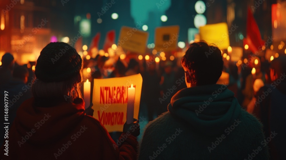 Obraz premium Two protesters holding candles and signs at a night demonstration.
