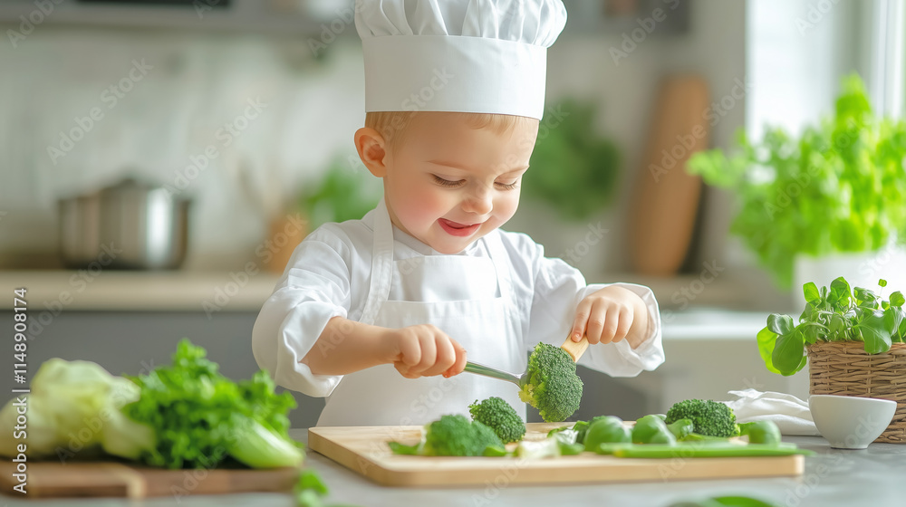 Young chef joyfully prepares vegetables in sunny kitchen Young chef joyfully prepares vegetables in sunny kitchen