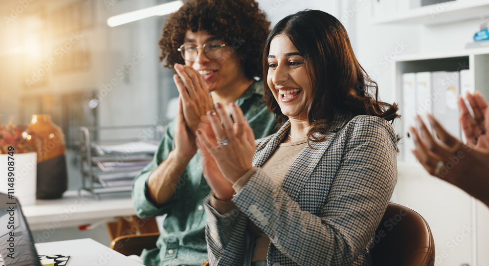 Business woman, winner and applause in promotion, announcement or negotiation success at office. Group of creative employees, clapping or celebration for partnership, prize or workplace contract goal Business woman, winner and applause in promotion, announcement or negotiation success at office. Group of creative employees, clapping or celebration for partnership, prize or workplace contract goal