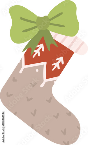 Christmas stocking featuring a charming fir motif and a vibrant green bow, patiently waiting to be filled with delightful gifts, perfect for festive holiday illustrations