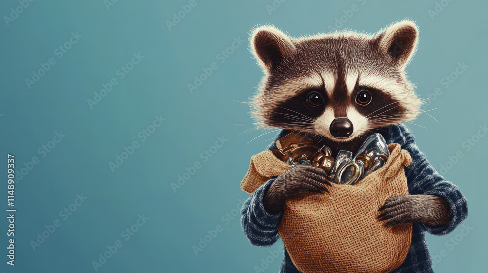 A raccoon dressed as a robber, holding a sack of stolen shiny objects, playful and whimsical style A raccoon dressed as a robber, holding a sack of stolen shiny objects, playful and whimsical style