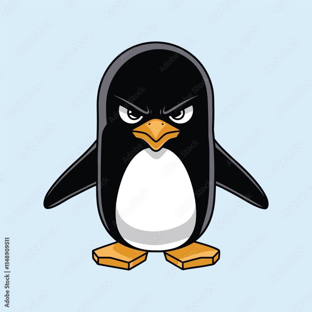 Obraz premium Angry Cartoon Penguin - Fierce Arctic Bird Vector on Blue Background