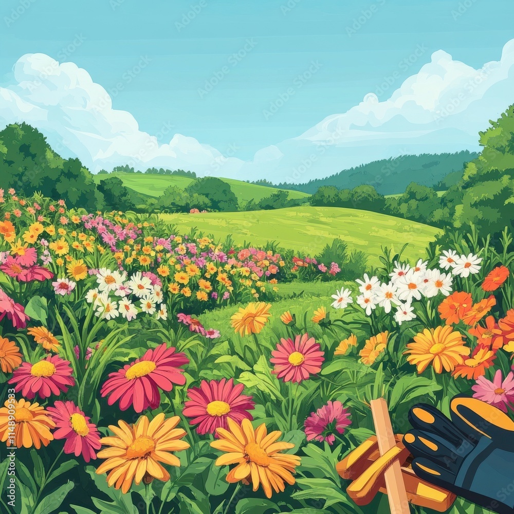 Fototapeta premium Vibrant colorful flowers in a sunny field with gardening gloves and tools, showcasing the beauty of nature.