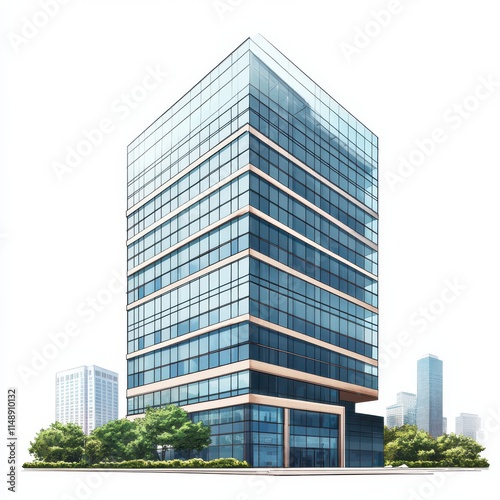 Modern commercial building with sleek glass facade, surrounded by greenery and urban skyline, showcasing contemporary architecture.