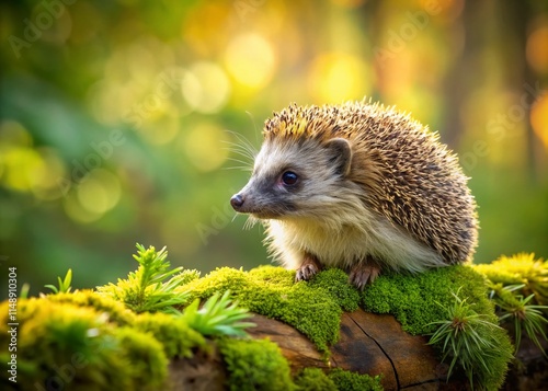 Cute Hedgehog on Mossy Log - Adorable Wildlife Photography, Nature Animal Image